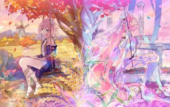 2girls autumn_leaves black_shorts blue_eyes boots border breasts coat color_connection commentary company_connection corset cyrene_(aedes_elysiae)_(honkai:_star_rail) cyrene_(honkai:_star_rail) dress elf elysia_(herrscher_of_human:_ego)_(honkai_impact) elysia_(honkai_impact) falling_leaves falling_petals hair_color_connection highres honkai:_star_rail honkai_(series) honkai_impact_3rd inoue_marina jewelry knee_boots leaf long_hair medium_breasts multicolored_hair multiple_girls necklace on_swing outdoors papipiko petals pink_hair pink_sky pointy_ears purple_coat sandals short_hair short_shorts shorts signet_of_ego sky smile stone_pillar swing toes tree two-tone_hair veil very_long_hair voice_actor_connection wheat wheat_field white_border white_corset white_dress white_hair white_veil windmill