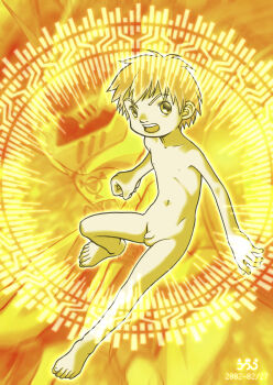 1boy 2002 armpits artist_request barefoot biomerge brown_eyes brown_hair clenched_hands collarbone completely_nude dated digimon digimon_(creature) digimon_tamers dukemon energy feet fighting_pose fingernails flaccid floating floating_hair full_body goggles highres intricate_background legs looking_at_viewer male_focus matrix_evolution matsuda_takato navel neck nude open_mouth outstretched_arms penis petite serious short_hair shota skinny small_penis soles solo spread_arms spread_legs testicles thighs toei_company toenails toes unworn_clothes unworn_goggles yellow_background