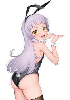 1girl absurdres animal_ears ass black_hairband black_leotard black_thighhighs blunt_bangs blush breasts cowboy_shot detached_collar fake_animal_ears fake_tail from_behind grey_hair hairband hands_up highres hololive leotard loli long_hair looking_at_viewer looking_back murasaki_shion open_mouth playboy_bunny rabbit_ears rabbit_tail ramkilog simple_background small_breasts smile solo strapless strapless_leotard tail thighhighs thighs virtual_youtuber white_background white_wrist_cuffs wrist_cuffs yellow_eyes