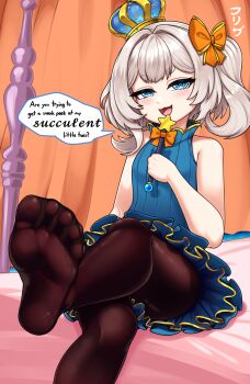 Rule 34 | 1girl, :3, :d, bare shoulders, blonde hair, blue dress, blue eyes, bow, breasts, crown, dress, efreezerarts, english text, feet, foot focus, highres, holding, holding wand, looking at viewer, marimari (vtuber), one side up, open mouth, orange bow, pantyhose, phase connect, presenting foot, sitting, sleeveless, sleeveless dress, small breasts, smile, soles, speech bubble, virtual youtuber, wand