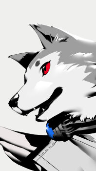 Rule 34 | absurdres, animal, animal collar, animal focus, collar, dog, fake wings, grey background, grey dog, grey theme, highres, koromaru (persona), official art, open mouth, persona, persona 3, persona 3 reload, red eyes, second-party source, sharp teeth, shiba inu, shimada azusa, simple background, teeth, tongue, tongue out, wings