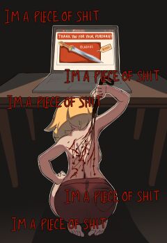 1girl absurdres ass backboob bare_legs barefoot blonde_hair blood breasts centurii-chan centurii-chan_(character) commentary computer dark_room english_commentary english_text from_behind gladius hand_on_own_knee highres holding holding_whip indoors kneeling laptop original profanity self-flagellation shadow short_hair shorts sword table topless_female weapon whip whip_marks