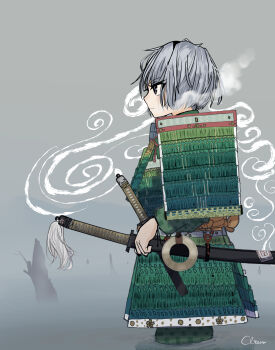 1girl absurdres adapted_costume armor black_hairband chrom_3201 closed_mouth commentary_request dou from_side green_skirt grey_hair hairband highres japanese_armor katana konpaku_youmu kusazuri multiple_swords outdoors short_hair shoulder_armor signature skirt sode solo sword tachi_(weapon) touhou weapon