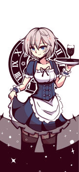 1girl absurdres anastasia_(idolmaster) apron blue_dress blue_eyes breasts brown_hair brown_thighhighs cleavage closed_mouth collarbone commentary_request cup dress drink drinking_glass garter_straps hair_between_eyes hand_up highres holding holding_tray idolmaster idolmaster_cinderella_girls kawamochi_(kawauti919) looking_at_viewer maid medium_breasts pleated_dress puffy_short_sleeves puffy_sleeves roman_numeral short_sleeves skirt_hold smile solo thighhighs tray white_apron white_background wine_glass wrist_cuffs
