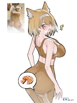 1girl absurdres animal_ears artist_name ass_lift blush breasts brown_leggings clenched_teeth commentary dog_ears dog_girl english_commentary food hairband highres leggings looking_at_viewer nisp_art original personification photo_inset pizza reference_inset simple_background solo sports_bra sweat teeth welsh_corgi white_background