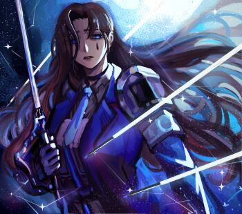 armband armor black_choker black_shirt blue_coat blue_eyes blue_jacket blue_necktie breastplate brown_hair choker coat collared_shirt constellation e.g.o_(project_moon) eyebrows_hidden_by_hair floating floating_object floating_sword floating_weapon forgo11en hair_flowing_over holding holding_sword holding_weapon jacket limbus_company lobotomy_corporation long_hair long_sleeves necktie parted_bangs parted_lips project_moon rapier rodion_(project_moon) shirt shoulder_armor shoulder_pads sky star_(sky) sword tattoo teardrop teardrop_facial_mark teardrop_tattoo the_sword_sharpened_with_tears_(e.g.o) weapon