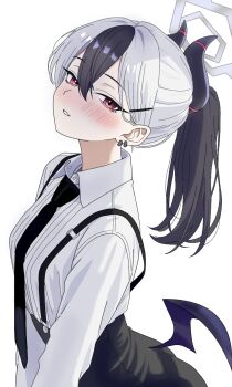 1girl alternate_costume black_hair black_horns black_necktie blue_archive blush demon_horns grey_halo hair_between_eyes halo highres horns kayoko_(blue_archive) long_hair looking_at_viewer multicolored_hair necktie pkayokolove0317 red_eyes single_wing solo two-tone_hair white_hair wings