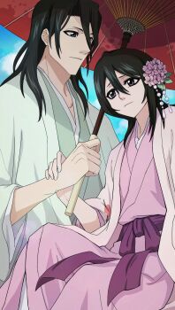 1boy 1girl absurdres antatica11 black_hair bleach blue_eyes chinese_commentary commentary_request flower green_kimono hair_between_eyes hair_flower hair_ornament highres holding holding_umbrella husband_and_wife japanese_clothes kimono kuchiki_byakuya kuchiki_hisana long_hair official_style oil-paper_umbrella pink_kimono purple_eyes umbrella