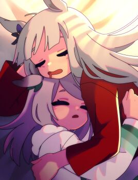 2girls absurdres animal_ears blunt_bangs bow closed_eyes drooling ear_bow gold_ship_(umamusume) grey_hair highres horse_ears horse_girl kitnoko long_hair looking_at_viewer lying mejiro_mcqueen_(umamusume) mouth_drool multiple_girls on_side open_mouth pajamas purple_bow purple_hair red_pajamas red_shirt shirt sleeping umamusume white_pajamas white_shirt yuri