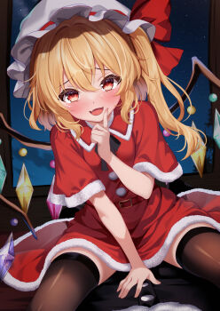 1girl absurdres blonde_hair blush capelet christmas commentary_request crystal_wings dress fang finger_to_mouth flandre_scarlet fur_trim hair_between_eyes hat highres index_finger_raised long_hair looking_at_viewer mob_cap parted_lips red_capelet red_dress santa_costume santa_dress shirotsuki_shirone side_ponytail sitting skin_fang smile solo thighhighs thighs touhou wariza wings zettai_ryouiki