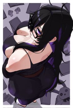 Rule 34 | 1girl, ass, black-framed eyewear, black cardigan, black dress, black hair, border, breasts, cardigan, cardigan partially removed, clarkekitsp, cleavage, colored inner hair, dress, from above, from behind, full body, glasses, goddess of victory: nikke, hair over one eye, highres, label (nikke), large breasts, long hair, mole, mole on breast, multicolored hair, mushroom, outside border, purple hair, purple streaks, solo, streaked hair, stuffed animal, stuffed rabbit, stuffed toy, taut clothes, taut dress, two-tone hair, very long hair, white border