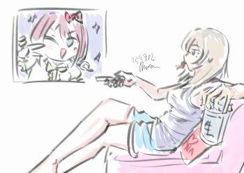 2girls blue_shorts camisole can commentary controller dated food_in_mouth girls_band_cry highres holding holding_can holding_remote_control iseri_nina kawaragi_momoka koe_naki_sakana long_hair multicolored_hair multiple_girls one_eye_closed open_mouth purple_camisole remote_control roots_(hair) shorts tomare_(akashingou) v