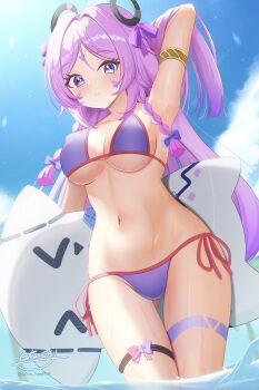 1girl absurdres alternate_breast_size_(larger) alternate_costume arm_behind_head armpits bare_shoulders bikini blue_bow blue_eyes blue_sky blush bow braid breasts citlali_(genshin_impact) citlalin_(genshin_impact) cleavage closed_mouth cloud commentary_request commission day facial_mark forehead_mark genshin_impact hair_bow highres holding holding_pillow hyakuya_iori large_breasts long_hair looking_at_viewer navel outdoors partial_commentary pillow pink_pupils purple_bikini purple_hair side-tie_bikini_bottom signature skeb_commission sky solo stomach swimsuit triangle triangle_facial_mark twin_braids twitter_username variant_set very_long_hair wet