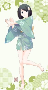1girl absurdres ahoge araragi_tsukihi barefoot black_hair commentary_request floral_print flower full_body highres japanese_clothes kikumaru_bunta kimono long_sleeves looking_at_viewer monogatari_(series) obi sash short_hair smile solo standing wide_sleeves