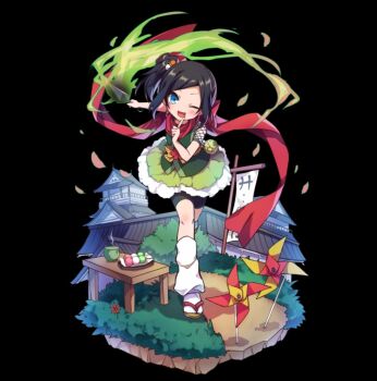 1girl :d bike_shorts black_background black_hair blue_eyes blush bow castle dango fang finger_to_mouth fishnet_top fishnets food full_body green_kimono highres holding holding_kunai holding_weapon iroha_(merc_storia) japanese_clothes kimono kunai leaf leaning_forward long_scarf merc_storia merc_storia_art_team ninja official_art one_eye_closed open_mouth pinwheel red_scarf scarf short_kimono short_sleeves shushing side_ponytail sidelocks simple_background sleeveless sleeveless_kimono smile socks solo standing table tachi-e tea tree v-shaped_eyebrows wagashi waraji weapon white_socks yellow_bow