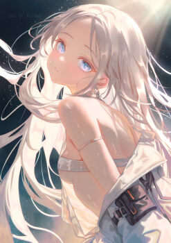 1girl absurdres artist_name back blonde_hair blue_eyes blush breasts dress earrings from_behind from_side grey_hair highres jacket jewelry kayjae light_particles long_hair looking_at_viewer mixed-language_commentary off_shoulder open_clothes open_jacket original sideboob small_breasts smile solo wet white_dress white_hair wind
