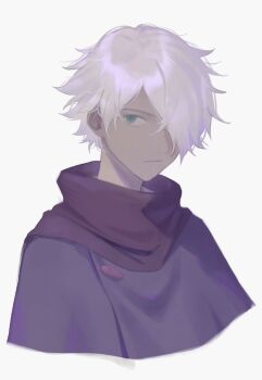 1boy blue_eyes closed_mouth coat commentary cropped_torso dark-skinned_male dark_skin expressionless fujie_xy hair_over_one_eye highres looking_to_the_side male_focus octopath_traveler octopath_traveler_i one_eye_covered purple_coat purple_scarf scarf short_hair sideways_glance simple_background solo symbol-only_commentary therion_(octopath_traveler) white_background white_hair
