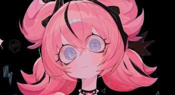 Rule 34 | 1girl, aria (discordant note) (zenless zone zero), aria (zenless zone zero), black background, black bow, black hair, black streaks, blue eyes, blush, bow, collar, commentary, crossed bangs, english commentary, hair between eyes, hair bow, highres, lightning bolt symbol, looking at viewer, multicolored hair, official alternate costume, parted lips, pink hair, portrait, skull print, solo, spiked collar, spikes, streaked hair, usa37107692, zenless zone zero