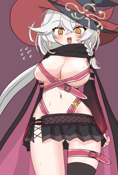 asymmetrical_legwear ayachi_nene belt belt_bra belt_strap blue_archive bow bowtie braid breasts cape cleavage cosplay earrings embarrassed eri_(blue_archive) halo hat highres jewelry large_breasts long_hair long_sleeves miniskirt navel orange_eyes puffy_long_sleeves puffy_sleeves revealing_clothes sanoba_witch scarf side_slit skindentation skirt strap sweater thighs white_hair witch_hat