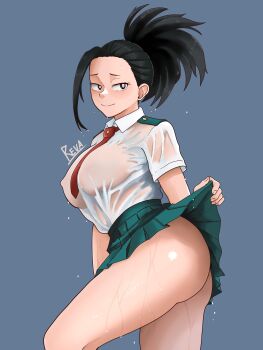 1girl absurdres ass black_eyes black_hair blush boku_no_hero_academia breasts clothes_lift collared_shirt commentary covered_erect_nipples green_skirt highres huge_ass large_breasts lifting_own_clothes long_hair no_bra no_panties pleated_skirt ponytail presenting_own_ass presenting_own_body reva_kristian_s school_uniform see-through_clothes see-through_shirt shirt shirt_tucked_in simple_background skirt skirt_lift smile solo thighs u.a._school_uniform wet wet_clothes wet_shirt wet_skirt white_shirt yaoyorozu_momo