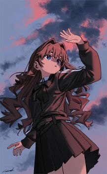 Rule 34 | 1girl, belt, black bow, black bowtie, black jacket, black skirt, blue eyes, bow, bowtie, breasts, brown hair, cloud, cloudy sky, commentary, cowboy shot, elisia valfelto, english commentary, from below, hair intakes, highres, jacket, long hair, looking afar, luicent, original, shading eyes, shirt, signature, skirt, sky, small breasts, solo, sunset, wavy hair, white shirt, wind