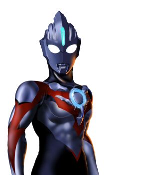 1boy absurdres alien arms_at_sides black_skin collarbone color_timer colored_skin commentary compound_eyes dorsal_fin glowing glowing_eyes highres looking_at_viewer male_focus multicolored_skin no_pupils pectorals red_skin shining_gold_montblanc silver_skin simple_background solo standing tokusatsu toned toned_male turning_head ultra_series ultraman_orb ultraman_orb_(series) upper_body white_background white_eyes