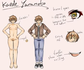 1girl barefoot body_freckles breasts brown_hair character_name closed_mouth ethan_(33327245) feet freckles hazel_eyes highres jacket kaede_yamato_(ethan_ppj) long_hair nipples non-web_source original pubic_hair reference_sheet short_hair simple_background toes very_long_hair