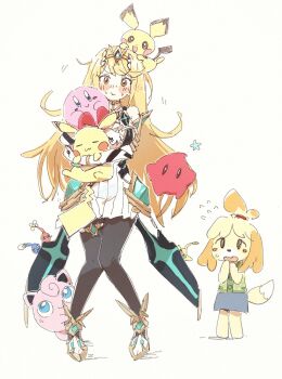 Rule 34 | animal crossing, blue pikmin, gen 1 pokemon, gen 2 pokemon, highres, isabelle (animal crossing), jigglypuff, kirby, kirby (series), luma (mario), mario (series), mythra (xenoblade), nendo23, nintendo, pichu, pikachu, pikmin (creature), pikmin (series), pokemon, red luma, red pikmin, simple background, super mario galaxy, white background, xenoblade chronicles (series), xenoblade chronicles 2, yellow pikmin