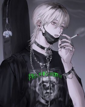 1boy black_choker black_mask black_nails black_shirt blonde_hair bracelet bright_pupils chain chain_necklace charm_(object) choker cigarette commentary cross_piercing ear_piercing earrings emo_fashion english_text frankenstein&#039;s_monster gradient_background grey_background grey_eyes guitar_case hair_between_eyes highres holding holding_cigarette instrument_case jewelry lock looking_to_the_side male_focus mask_pull medium_hair mole mole_under_mouth multiple_rings necklace original parted_lips piercing print_shirt ring shirt smoke solo spiked_bracelet spikes st31010 symbol-only_commentary teeth upper_body white_pupils