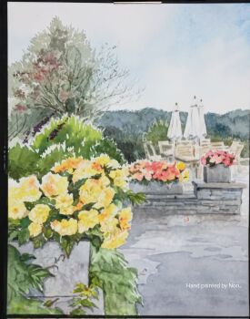 artist_name bare_tree concrete english_text flower highres no_humans nori02222 original outdoors painting_(medium) path photo_(medium) plant potted_plant red_flower road scenery traditional_media tree umbrella umbrella_stand watercolor_(medium) white_umbrella yellow_flower