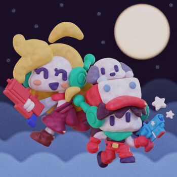 1boy 1girl ahoge android animated animated_gif bandana black_hair black_shoes blonde_hair blush cloud commentary crisppyboat curly_brace dog doukutsu_monogatari english_commentary gloves green_bandana gun hat highres holding holding_gun holding_weapon looking_at_another moon multicolored_hat open_mouth pants quote_(cave_story) red_gloves red_hat red_pants shoes smile two-tone_hat unconventional_media weapon white_hat