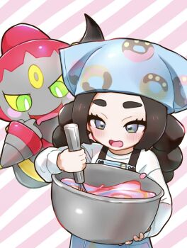 1girl ansha_(pokemon) apron black_hair blue_apron blue_eyes blue_headscarf blush bowl colored_sclera commentary_request donut_print drooling eyelashes food_print gen_6_pokemon green_eyes headscarf highres holding holding_bowl holding_whisk hoopa hoopa_(confined) horns legendary_pokemon long_hair long_sleeves meta-g_(curc8737) mixing mouth_drool mythical_pokemon nintendo open_mouth pokemon pokemon_(creature) pokemon_legends:_z-a shirt smile whisk white_shirt yellow_sclera