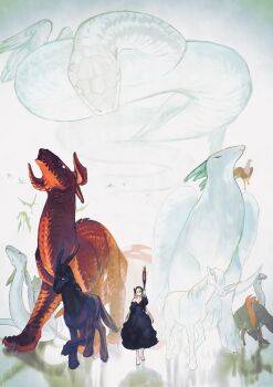 1girl ambrosia_(dungeon_meshi) animal barefoot basilisk bicorn_(creature) couatl_(dungeon_meshi) dragon dress dungeon_meshi facing_viewer giant_snake hakomiso highres hippogriff hood ice_dragon mage_staff marcille_donato marcille_donato_(lord) oversized_animal red_dragon_(dungeon_meshi) snake staff unicorn walking white_background