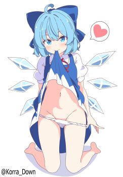1girl absurdres blue_bow blue_dress blue_eyes blue_hair bow cirno clothes_in_mouth clothes_lift dress dress_lift full_body heart highres ice ice_wings kneeling korra_down mouth_hold navel panties panty_pull petite pinafore_dress shirt short_hair simple_background sleeveless sleeveless_dress solo spoken_heart stomach touhou underwear white_background white_panties white_shirt wings