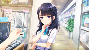 2girls black_hair blue_bow blue_skirt bow bowtie braid breasts closed_mouth girlfriend_(kari) indoors jewelry medium_hair multiple_girls necklace official_art plaid_clothes plaid_skirt purple_eyes qp:flapper school_uniform shirouzu_rikka shirt shoes skirt small_breasts smile socks solo standing store suspenders tagme tile_floor tiles uneven_bangs white_shirt