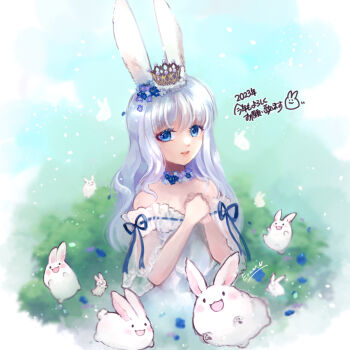 Rule 34 | 1girl, 2023, animal ears, blue eyes, blue flower, blue ribbon, commentary request, crown, dress, flower, gobaku no hito, hair flower, hair ornament, long hair, looking at viewer, off-shoulder dress, off shoulder, open mouth, own hands together, rabbit, rabbit ears, rabbit girl, ragnarok masters, ragnarok online, ribbon, sleeve ribbon, solo, upper body, white dress