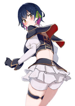 Rule 34 | 1girl, :/, absurdres, black gloves, black hair, blush, braid, breasts, capelet, colored inner hair, commentary request, dot nose, frilled skirt, frills, from behind, gloves, hair ribbon, highres, hlsn dglaq3g, large breasts, looking at viewer, looking back, median furrow, midriff, multicolored hair, nijisanji, nijisanji idol uniform, nose blush, purple hair, ribbon, short hair, shorts, shorts under skirt, simple background, skirt, solo, thigh strap, virtual youtuber, white background, white shorts, yamagami karuta, yellow eyes