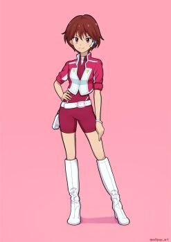 belt digimon digimon_savers fujieda_yoshino looking_at_viewer mollipopart pink_eyes pink_hair short_hair smile