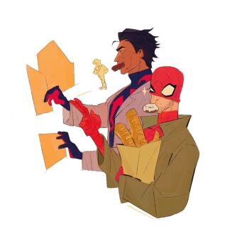 2boys bag baguette black_hair bodysuit bread coat commentary dark-skinned_male dark_skin dingnin98201637 donut food food_in_mouth hashtag-only_commentary holding holding_bag lapels long_sleeves male_focus marvel mask mask_lift miguel_o&#039;hara multicolored_bodysuit multiple_boys open_clothes open_coat paper_bag peter_b_parker short_hair simple_background spider-man spider-man:_across_the_spider-verse spider-man_(series) spider-verse spider_web_print superhero_costume symbol-only_commentary uneven_eyes white_background white_coat