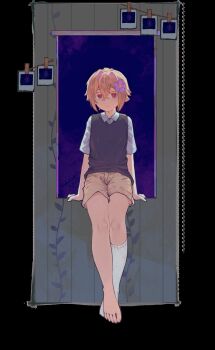 Rule 34 | 1boy, alternate eye color, basil (faraway) (omori), basil (omori), blonde hair, brown shorts, closed mouth, clothes pin, commentary, english commentary, engrish commentary, flower, green sweater vest, hair flower, hair ornament, highres, kneehighs, looking at viewer, male focus, omori, photo (object), psychokokuon, red eyes, revision, shirt, short hair, short sleeves, shorts, single sock, socks, solo, string of photos, sweater vest, white shirt, white socks