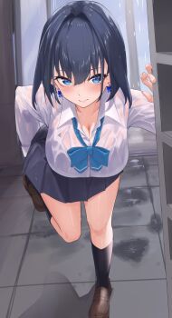 1girl absurdres black_hair black_skirt black_socks blue_bow blue_bowtie blue_eyes bow bow_earrings bowtie breasts brown_shoes buttons cleavage closed_mouth collarbone earrings hair_intakes highres hololive hololive_english ilie_ilie jewelry large_breasts long_sleeves ouro_kronii pleated_skirt rain school_uniform shirt shoes skirt socks solo virtual_youtuber wet wet_clothes wet_hair wet_shirt