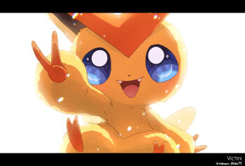 blue_eyes bright_pupils character_name commentary_request fangs gen_5_pokemon legendary_pokemon letterboxed looking_at_viewer mythical_pokemon nako_(nekono_shippo75) nintendo no_humans open_mouth pokemon pokemon_(creature) simple_background sitting solo twitter_username v victini white_background white_pupils