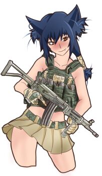 1girl animal_ears armor assault_rifle augustusrowan blue_hair blush closed_eyes cowboy_shot dog_ears fang fang_out galil_ar_(upotte!!) gloves gun hair_between_eyes swaying_hip holding holding_gun holding_weapon imi_galil long_hair looking_at_viewer miniskirt naked_plate_carrier bulletproof_vest rifle short_hair simple_background skirt smile standing swaying upotte!! vertical_forward_grip weapon white_background
