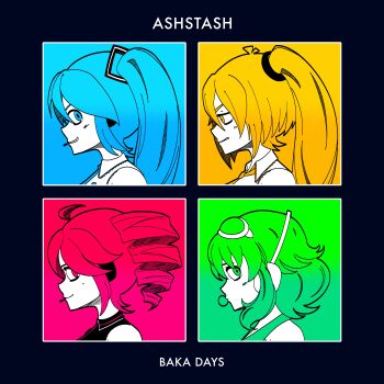 4girls absurdres ahoge akita_neru aqua_eyes aqua_hair aqua_necktie ashstash bare_shoulders blonde_hair blue_eyes blue_hair commentary copyright_request drill_hair english_commentary goggles goggles_on_head green_eyes green_hair gumi hatsune_miku headset highres kasane_teto long_hair multiple_girls necktie red_eyes red_hair shirt short_hair side_ponytail simple_background smile tinted_eyewear twin_drills twintails utau very_long_hair vocaloid yellow_eyes yellow_necktie