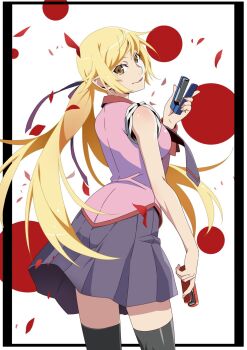 arm_at_side black_border black_thighhighs border breasts circle cowboy_shot dress_shirt falling_petals from_side gesugesu_ahoaho grey_necktie grey_skirt hair_flaps hair_ribbon hand_up highres holding_stapler kiss-shot_acerola-orion_heart-under-blade large_breasts lips long_hair long_sleeves looking_at_viewer low_ponytail mature_female monogatari_(series) naoetsu_high_school_uniform necktie oshino_shinobu outside_border petals pink_shirt pleated_skirt pointy_ears ponytail red_circle red_petals red_trim ribbon ringed_eyes school_uniform shadow shiny_skin shirt skirt skirt_flip sleeve_cuffs sleeve_rolled_up split_ponytail swept_bangs thighhighs very_long_hair white_background