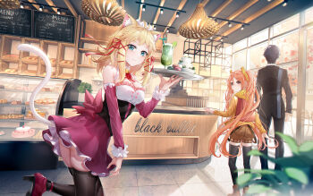 1boy 2girls absurdres aged_up aihara_enju alternate_costume animal_ear_fluff animal_ears ass bare_shoulders black_bullet black_corset black_thighhighs blonde_hair blue_eyes bread breasts cafe cake cash_register cat_ears ceiling_light cleavage closed_mouth commentary_request copyright_name corset counter cowboy_shot day detached_sleeves drinking_straw enmaided food frilled_sleeves frills fruit hair_ribbon highres holding holding_tray indoors kemonomimi_mode large_breasts lime_(fruit) lime_slice long_hair long_sleeves looking_at_viewer looking_back macaron maid maid_headdress medium_hair menu_board miniskirt multiple_girls neck_ribbon orange_hair plant purple_skirt purple_sleeves red_ribbon red_shoes ribbon satomi_rentarou shirt shoes sidelocks skirt smile standing standing_on_one_leg stardust_(chen&#039;ai_weiding) sunlight thighhighs tile_floor tiles tina_sprout tray tress_ribbon twisted_torso very_long_hair white_shirt