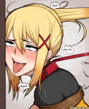 1girl afrobull ahegao animal_collar bad_id bad_pixiv_id bdsm black_bodysuit blonde_hair blue_eyes blush bodysuit bound braid breasts collar commentary darkness_(konosuba) drooling empty_eyes english_text facing_viewer female_focus grabbing_another&#039;s_hair hair_between_eyes hair_ornament half-closed_eyes heart holding_another&#039;s_hair implied_sex kono_subarashii_sekai_ni_shukufuku_wo! leash long_hair medium_breasts open_mouth ponytail portrait rolling_eyes rope saliva sidelocks solo tears teeth tongue tongue_out upper_teeth_only x_hair_ornament