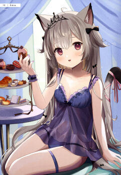 1girl :d absurdres ahoge animal_ears artist_name artist_request babydoll bare_arms black_bow blush bow breasts brown_eyes brown_hair cat_ears cat_girl cat_tail collarbone cowboy_shot dengeki_moeoh dessert food hair_bow hand_up heart heart_in_eye highres holding holding_food indoors long_hair looking_at_viewer magazine_scan navel open_mouth original page_number panties parted_lips pink_ribbon purple_babydoll purple_panties purple_wrist_cuffs ribbon scan see-through_babydoll see-through_clothes sitting small_breasts smile solo symbol_in_eye tail tail_ornament tail_ribbon thigh_strap third-party_source tiara tiered_tray two_side_up underwear underwear_only very_long_hair wrist_cuffs