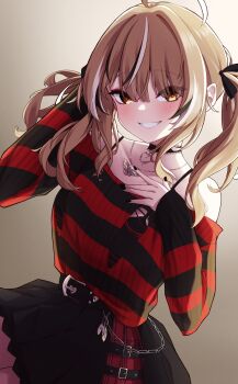 1girl :d absurdres ahoge belt black_belt black_choker black_ribbon black_skirt black_sweater brown_eyes brown_hair choker commentary grin hair_ribbon hand_up heart heart_choker highres hololive hololive_english jewelry lace-trimmed_choker lace_trim looking_at_viewer matcha_amigo miniskirt nanashi_mumei nanashi_mumei_(emo) necklace off-shoulder_sweater off_shoulder official_alternate_costume official_alternate_hairstyle open_mouth pendant_choker pleated_skirt red_sweater ribbon skirt smile solo striped_clothes striped_sweater sweater sweater_tucked_in torn_clothes torn_sweater twintails virtual_youtuber