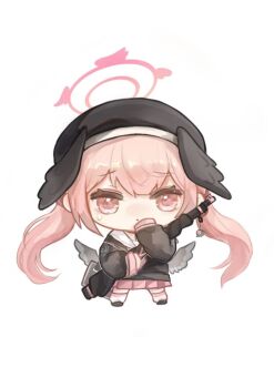 Rule 34 | 1girl, bag, beret, black hat, black shirt, black shoes, black wings, blue archive, blush, body markings, bolt action, chibi, chibi only, chinese commentary, closed mouth, commentary request, double-parted bangs, feathered wings, full body, gun, halo, hanchansiqingyun, hat, head wings, holding, holding gun, holding weapon, jpeg artifacts, koharu (blue archive), long hair, long sleeves, looking at viewer, low wings, making-of available, multiple wings, p14 enfield, pink eyes, pink hair, pink halo, pink skirt, pleated skirt, rifle, sailor collar, school uniform, serafuku, shirt, shoes, sidelocks, simple background, single sleeve past fingers, skirt, sleeves past wrists, socks, solo, standing, sweatdrop, twintails, weapon, white background, white sailor collar, white socks, wings